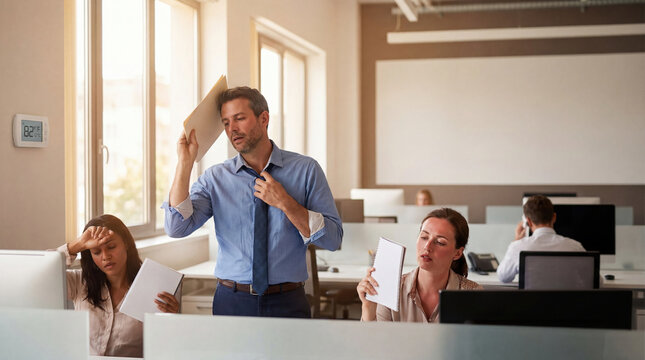 Office worker heat discomfort sweating summer business stress workplace exhaustion tired fan paper open plan computer window