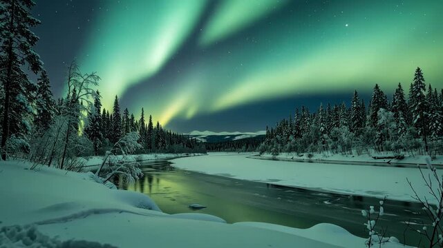 Serene winter landscape with vibrant auroras lighting up the night sky over snowy scenery