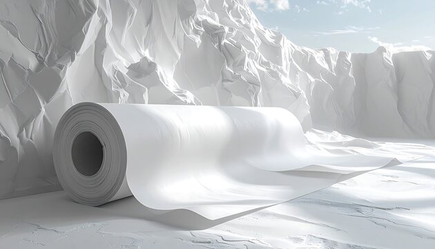 A roll of paper sits on a textured surface, bathed in light, with folded material in the background. The scene is bright and stark