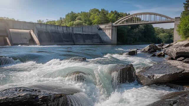 river rapids at dam and bridge, rocky riverbank with spray under blue sky