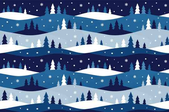 Seamless winter landscape pattern with snowy hills, stylized pine trees, and falling snowflakes in cool blue tones, perfect for holiday backgrounds, wrapping paper, banners, and festive design.