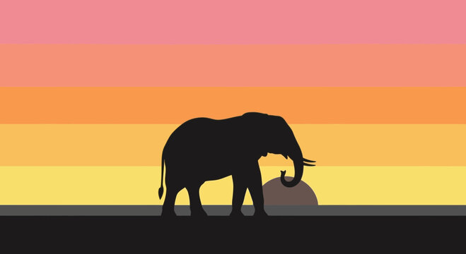 Silhouette of an African elephant walking at sunset, savanna landscape, warm colors