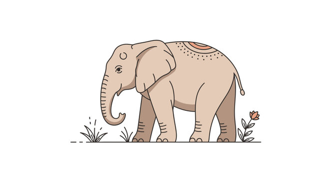 Stylized Elephant Walking in Grass with Flower - Minimalist Illustration