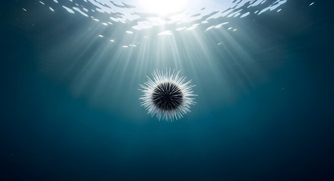 Underwater sea urchin floating with sunlight rays ocean blue background scene