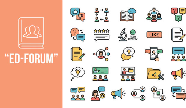 Educational forum icons represent collaboration in digital learning.
