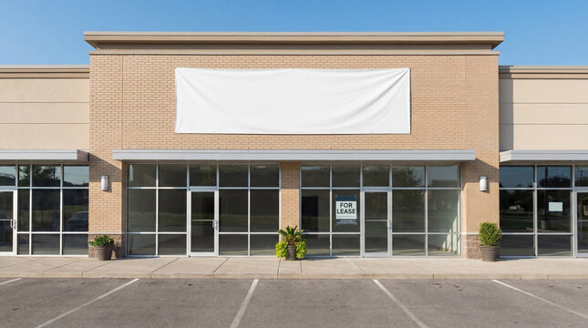 Empty storefront commercial building glass windows brick facade for lease sign clear sky parking lot potted plants vacant retail space