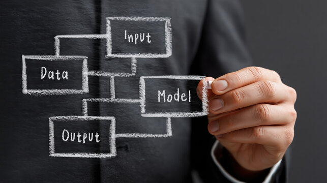 Confident businessman holding virtual flowchart diagram showing data input model output business process and workflow concept