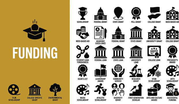 Educational funding icons illustrate academic grants and scholarships.
