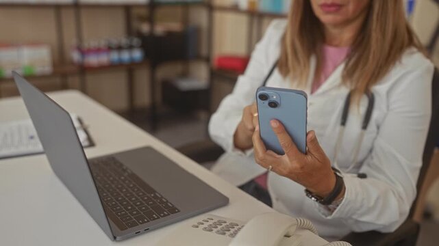 Woman doctor in labcoat holds smartphone while typing on laptop with one hand, stethoscope and hand in frame in clinic building; focused care.