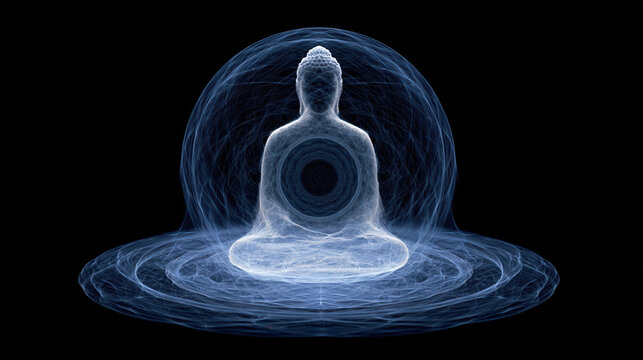 Peaceful glowing blue silhouette of buddha in meditation with spiritual energy aura radiating calm waves on dark abstract background