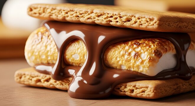 Close-up s&rsquo;mores with melted chocolate dripping over toasted marshmallow between graham crackers