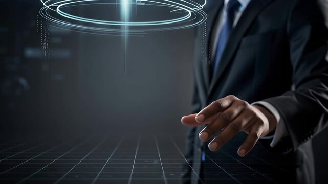 Businessman launching digital rocket with dynamic graphs and data visualization for success