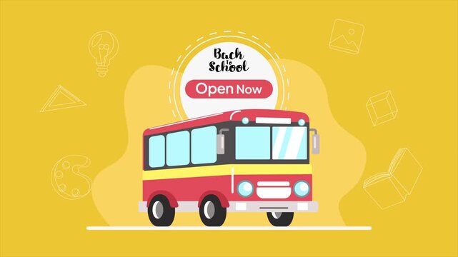 School bus bringing students to campus. Back to school concept. Full length Icon animation illustration. High quality&nbsp;4k&nbsp;footage