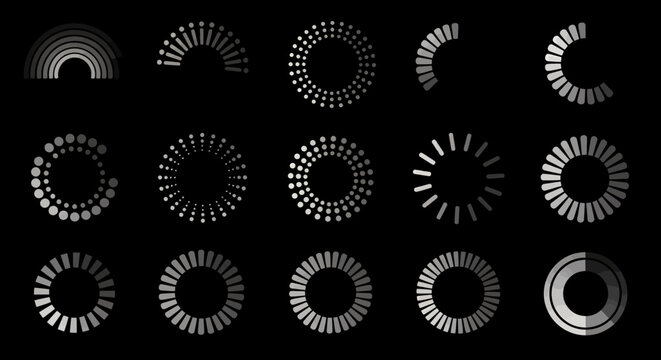 Collection of circular loading spinner icons in grayscale on black background.