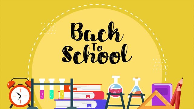 School tools arranged for new semester. Back to school concept. Full length Icon animation illustration. High quality&nbsp;4k&nbsp;footage