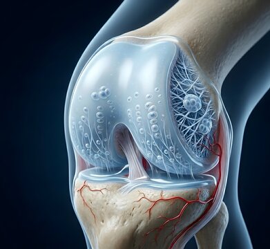 A high-tech conceptual 3D illustration of a human knee joint, focusing on the patella and femoral condyles with a semi-transparent blue aesthetic. The image showcases the internal cellular structure o