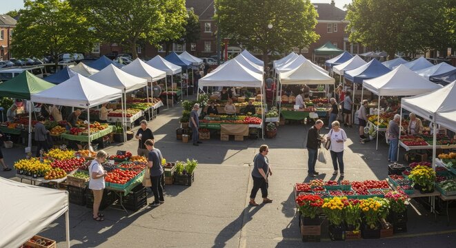 Bustling Outdoor Farmers Market with Diverse Produce and Shoppers
