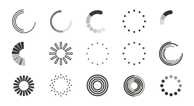Set of circular progress icons and loading indicators in grayscale.