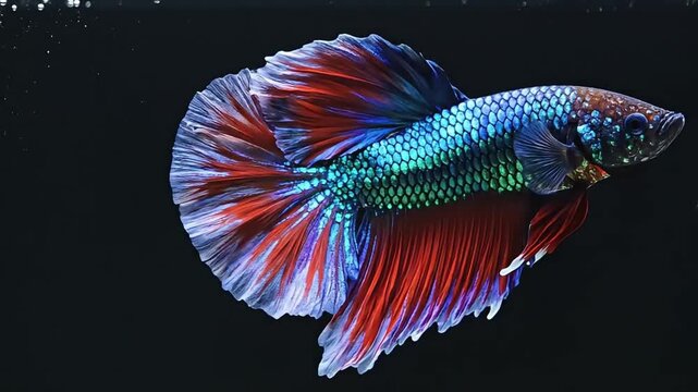 vibrant Siamese fighting fish with flowing fins showcases iridescent scales against a stark black background