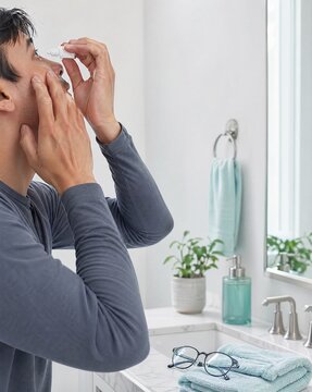 Young man applying eye drops while standing by bathroom mirror  