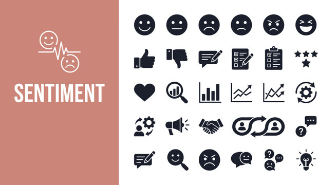 Sentiment analysis icons depict customer feedback and mood trends.