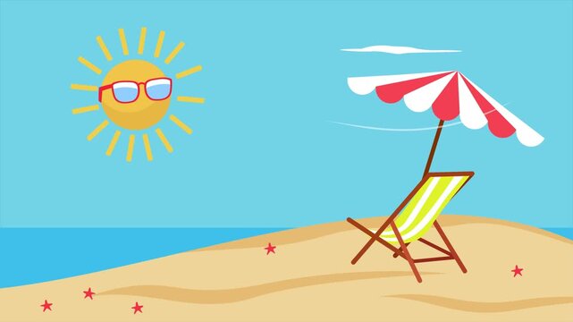 Sunny beach with relaxing chair view. Summer Vocation concept. Full length Icon animation illustration. High quality&nbsp;4k&nbsp;footage