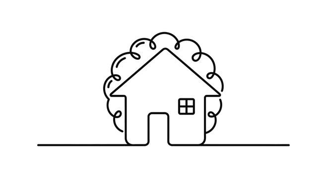 Minimalist House Icon with Curly Roofline on White Background