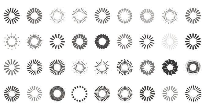 Array of grayscale circular sunburst patterns suitable for graphic design and decorative art.