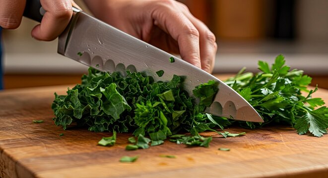 Chef Chopping Fresh Green Herbs on Wooden Cutting Board
