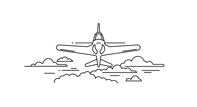Minimalist Line Art Airplane Flying Above Clouds, Aviation Concept