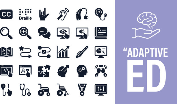 Adaptive education icons illustrate tools for inclusive learning tech.