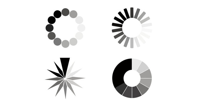 Set of four circular gradient spinners showing different wedge styles and grayscale palettes.