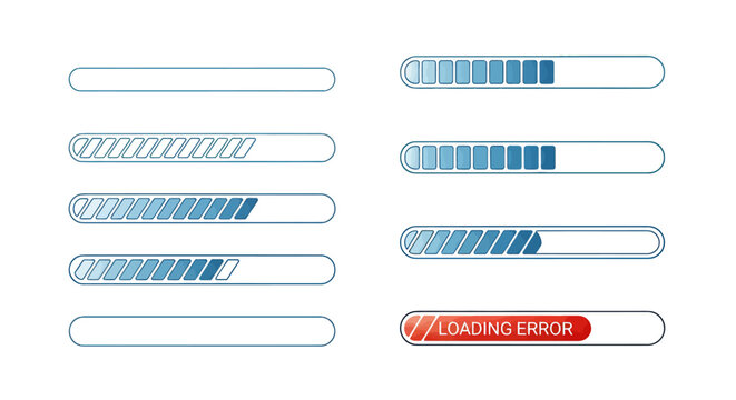 Multiple blue loading progress bars show varying completion levels with an uploading error indicator.