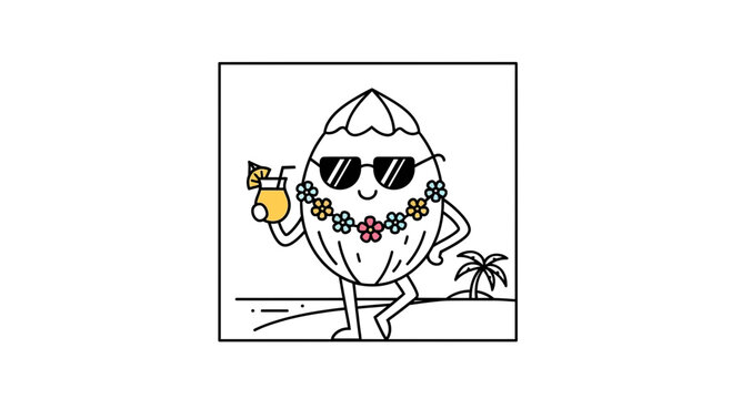 Happy Almond Character with Sunglasses and Cocktail on Tropical Beach Vacation