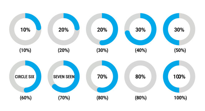 Collection of circular progress charts showing percentage completion across multiple blue segments and abstract diagrams.