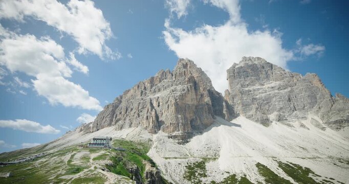 Mountain hut Rifugio Lavaredo and the Three Peaks Mountains, Sexten Dolomites, Italy