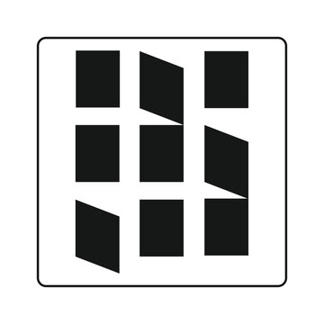 Abstract geometric pattern of black squares and parallelograms on a white background with a rounded border