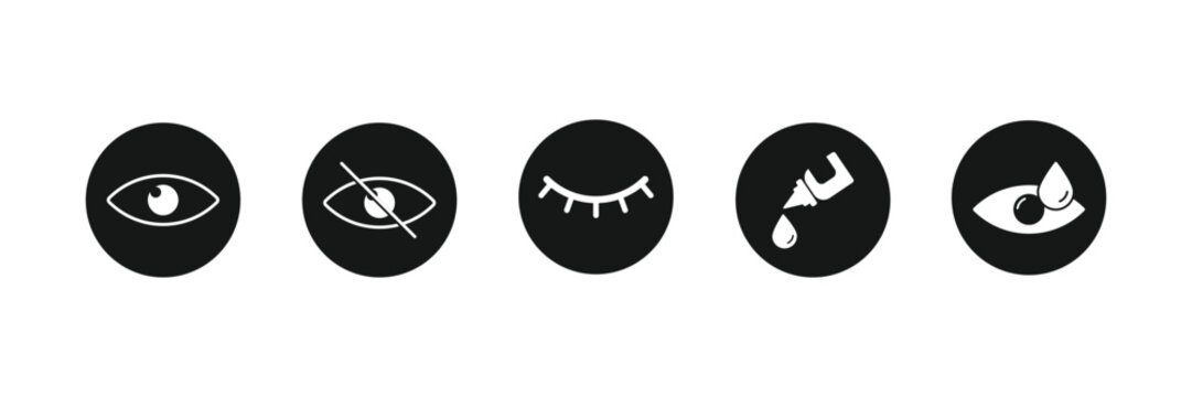 Collection of five simple black and white eye care icons in circular frames isolated on transparent background