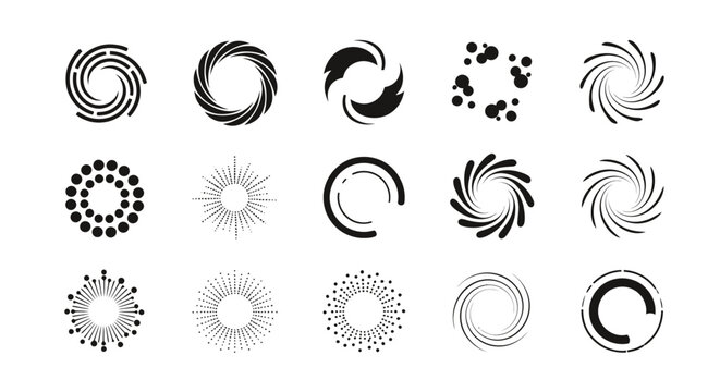Abstract collection of circular spiral patterns in monochrome.
