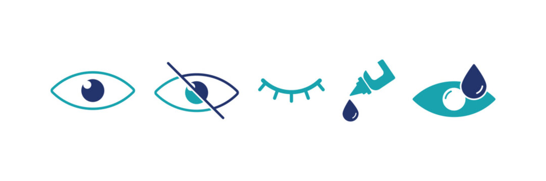 Collection of eye care icons representing vision blindness sleep eye drops and contact lens insertion