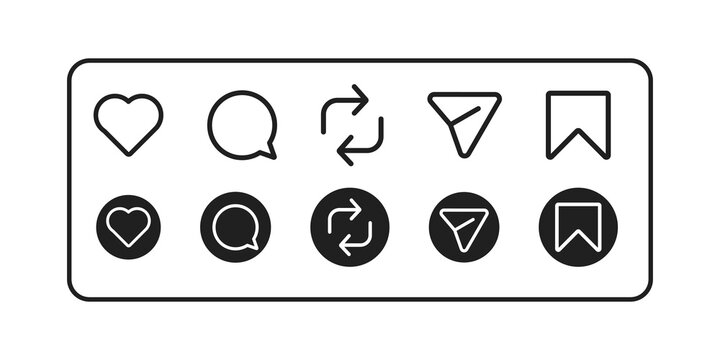 Collection of social media interface icons for sharing and engagement isolated on transparent background