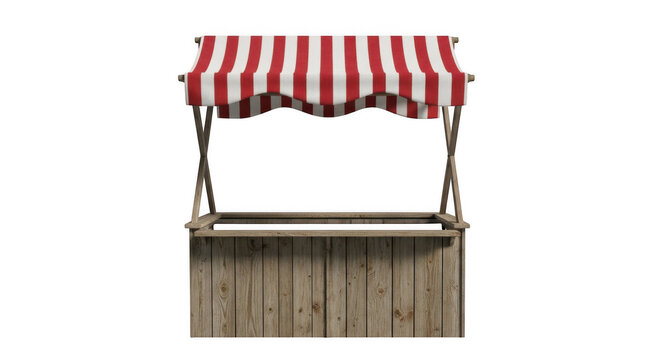 Wooden market stall with red and white striped awning