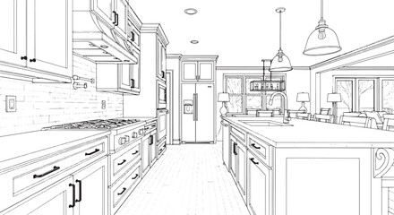 Fototapeta premium Modern kitchen interior line drawing featuring a large central island cabinetry appliances and pendant lighting for architectural design project presentation