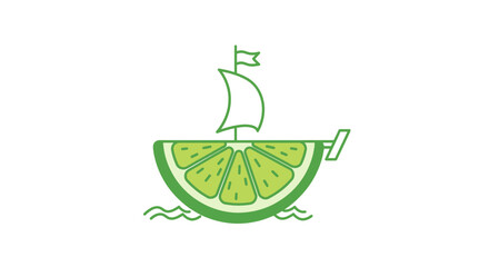 Obraz premium Creative Lime Slice Boat Sailing on Water Waves, Healthy Food Concept