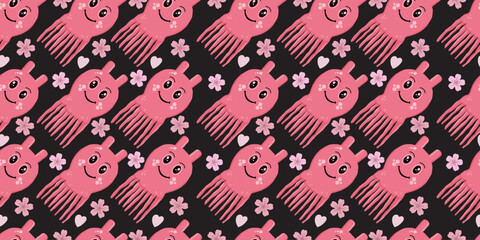 Seamless pattern of cute pink octopus with flowers. Whimsical marine life pattern with smiling octopus and petals © Wahib