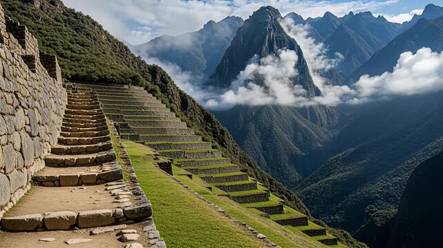 machu picchu terraces stone steps under clouds over mountain landscape