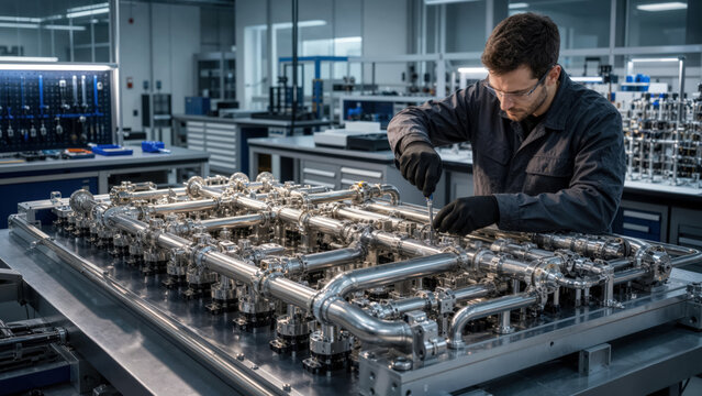 Professional assembly of massive liquid cooling manifold for supercomputer in bright research engineering laboratory