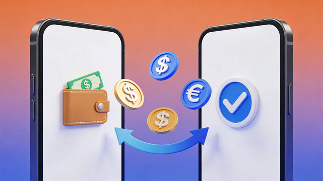 Mobile Money Transfer with Digital Wallet and Online Transaction 3D Illustration