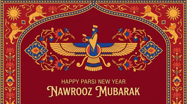 Happy Parsi New Year Nowrooz Mubarak with Faravahar symbol and traditional Persian design.