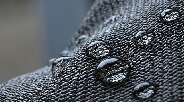 Extreme macro photography, close-up of a smart breathable nanomaterial mesh fabric morphing its texture to repel heavy water droplets.High definition. Area for copy space